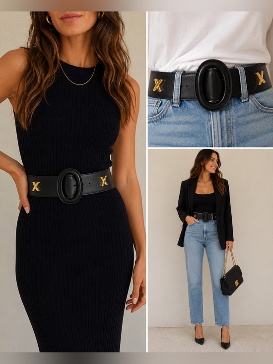 Paloma Picasso Accessories - Vintage Paloma Picasso Black Leather Wide Waist Belt Gold Tone X Hardware Size S